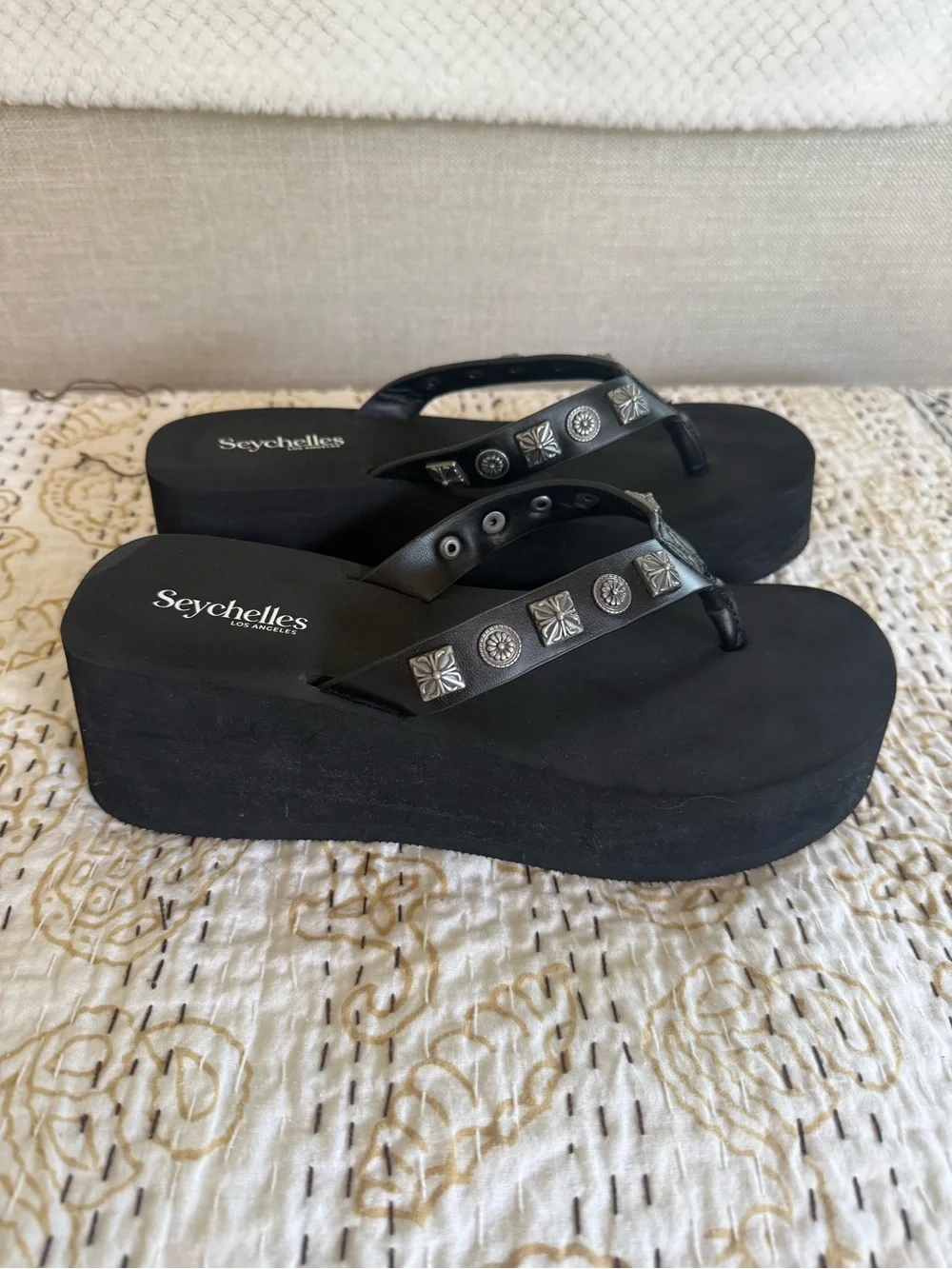 Seychelles Black Platform Flip Flops with Silver Stud Accents